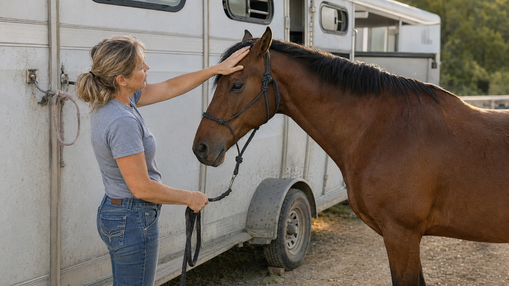 Horse owner checking a horse's neck and poll after trailer travel