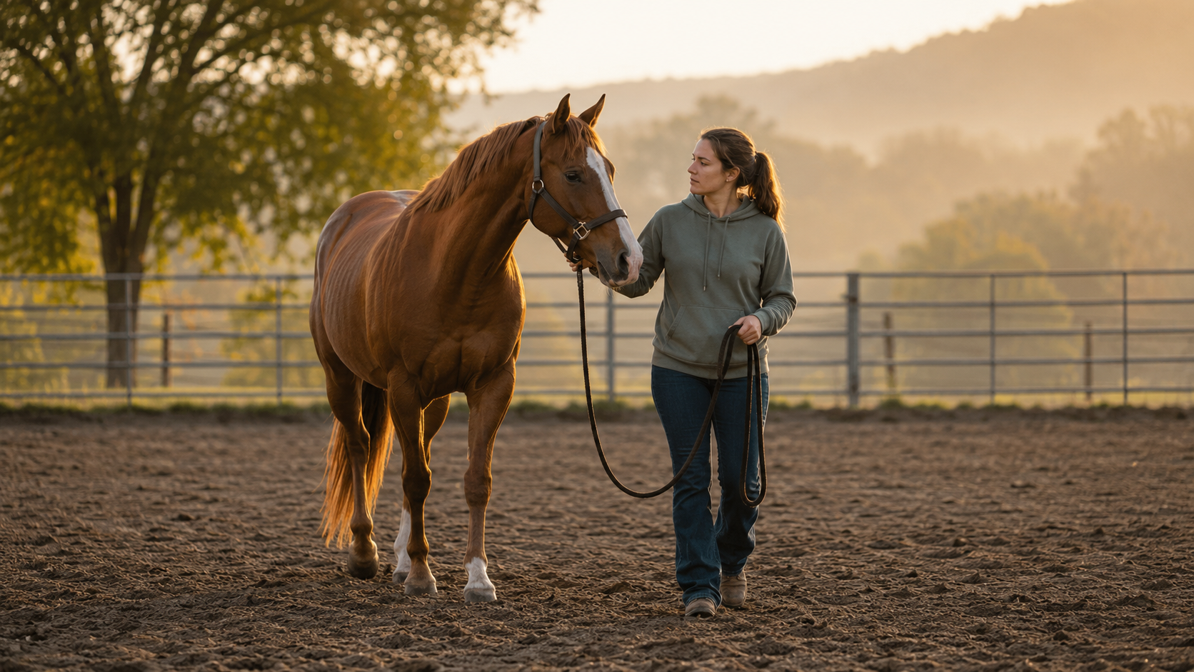 Rider hand-walking an alert horse the morning after fireworks