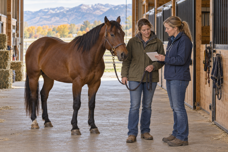 Illustrative scene of a horse owner and veterinarian discussing care beside a bay horse in a barn.