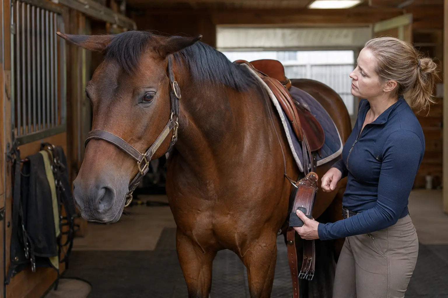 Bay horse pinning its ears while a rider pauses during saddling to check for discomfort