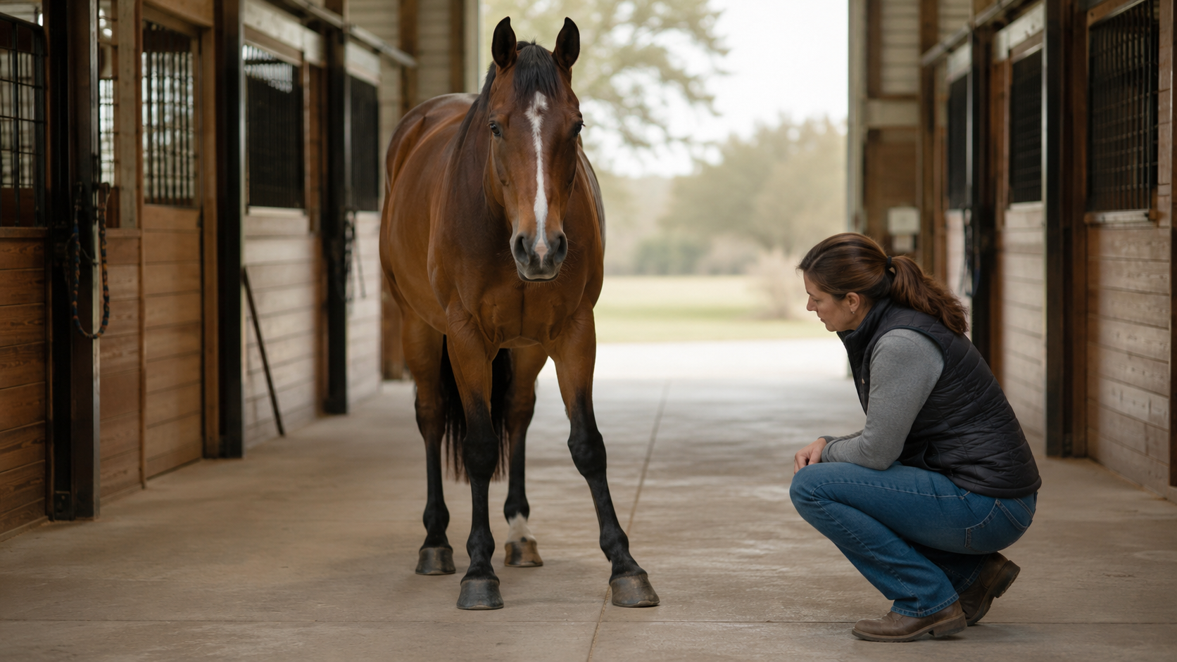 Horse owner comparing a horse's front feet after noticing one hoof pointed forward