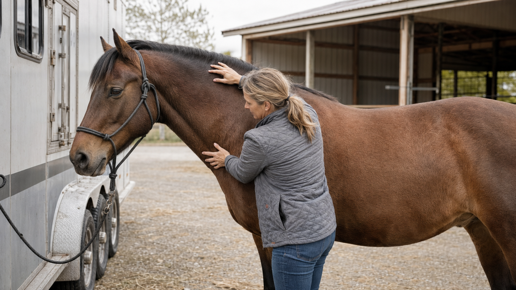 Horse owner checking the poll, neck, and shoulder after travel