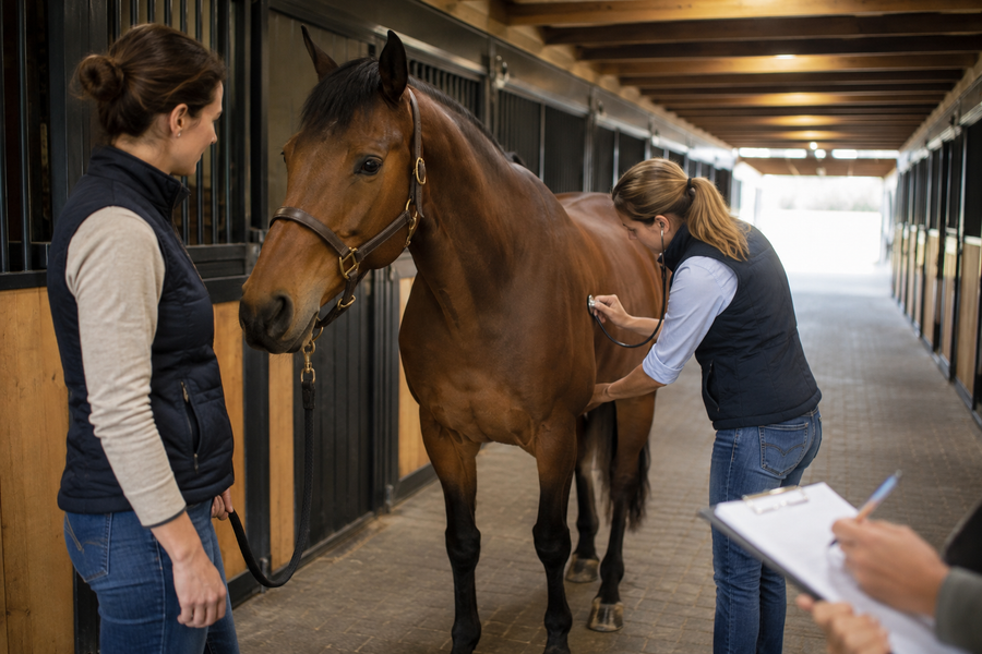 Veterinarian conducting a horse pre-purchase exam while a buyer observes