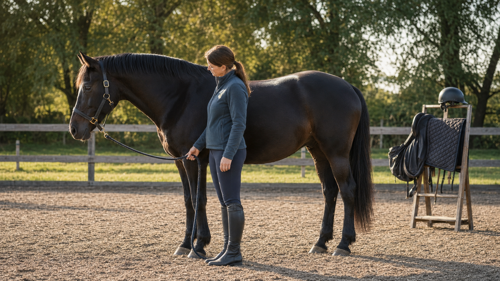 Rider observing an untacked horse after ending a session early
