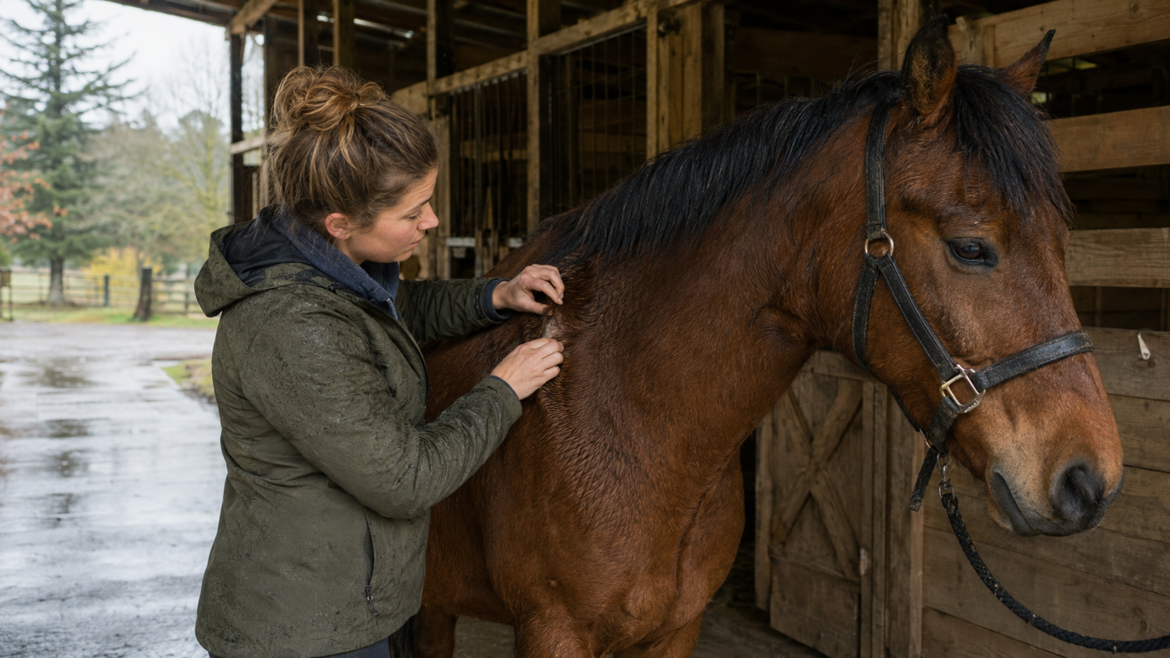Horse owner checking a subtle skin concern after damp weather