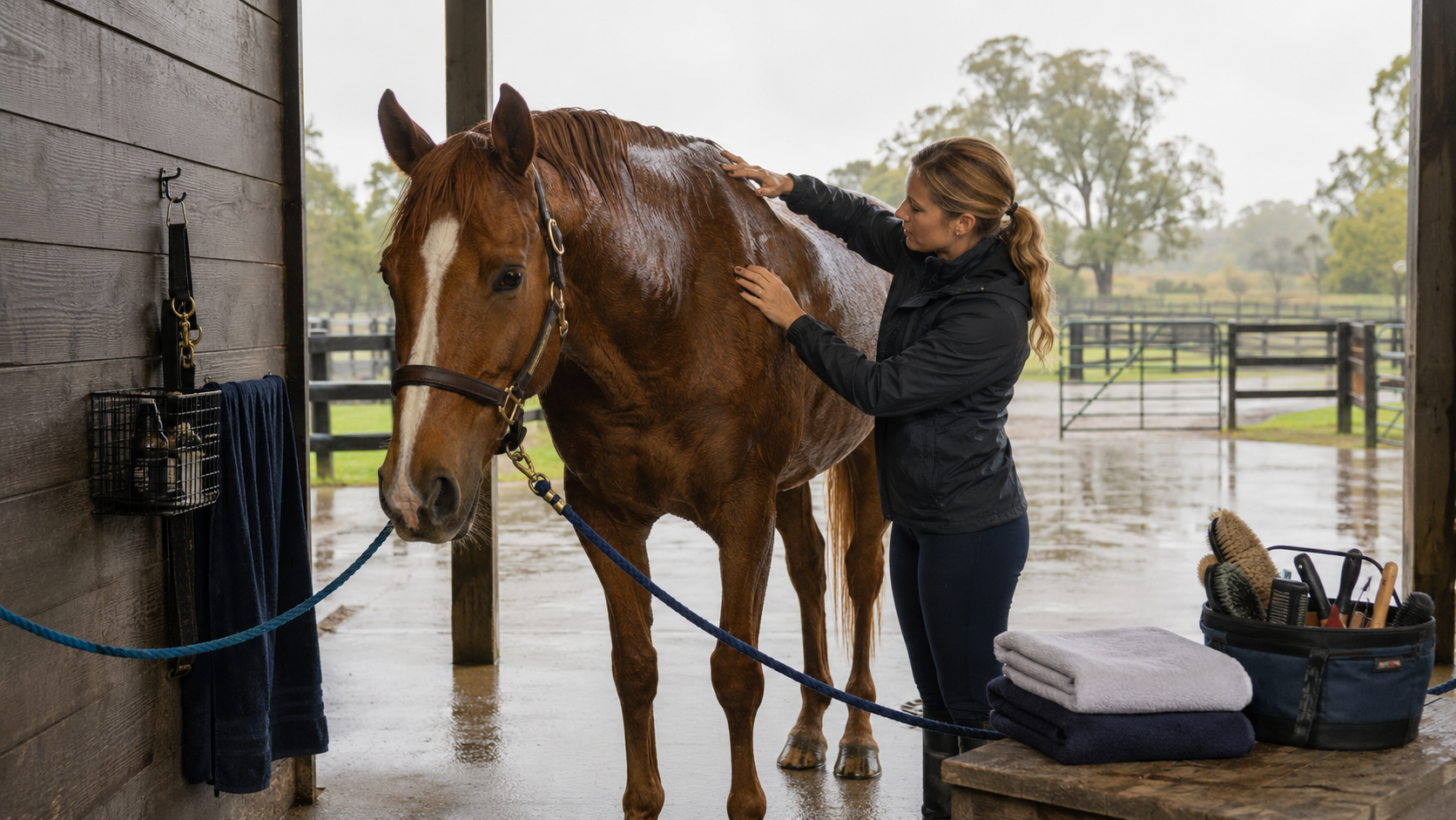 Horse owner checking a wet horse's coat and skin after rainy weather