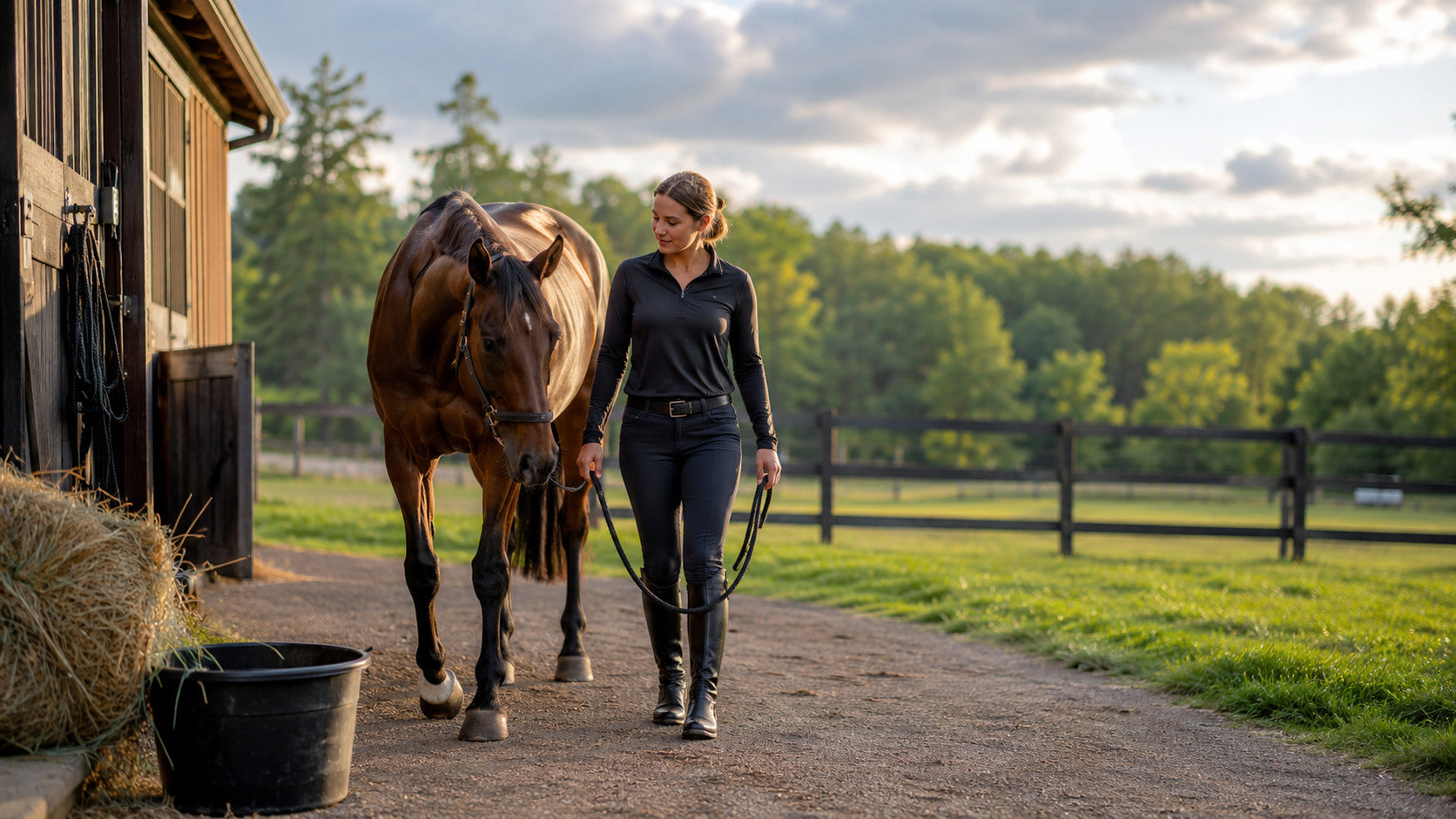 Horse owner hand-walking a relaxed horse on a recovery day
