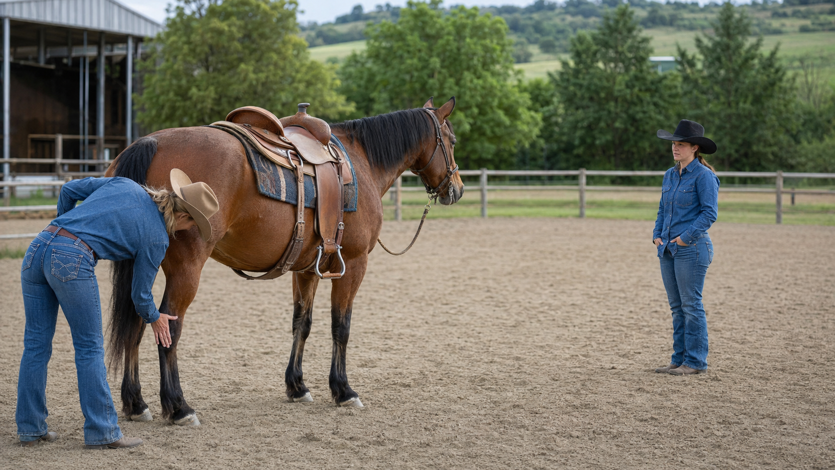 Rider checking a horse's hind leg and saddle fit before another arena transition