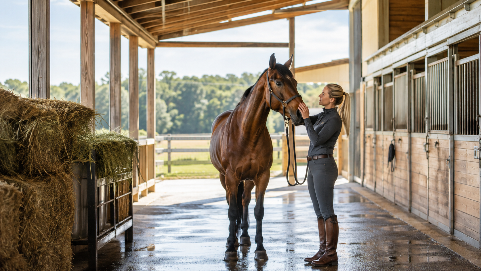 Horse in a bright low-dust barn with good airflow and clean bedding