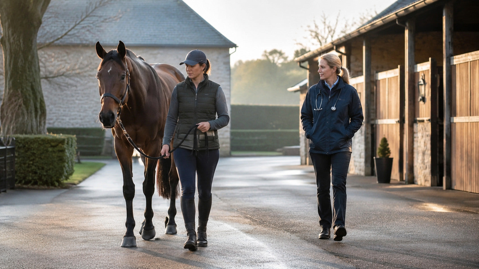 Veterinarian supervising a controlled hand-walk after stall rest