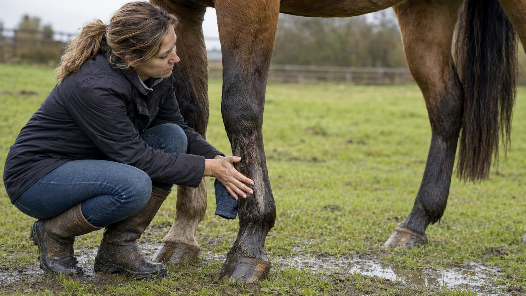 Horse owner checking a pastern after wet turnout