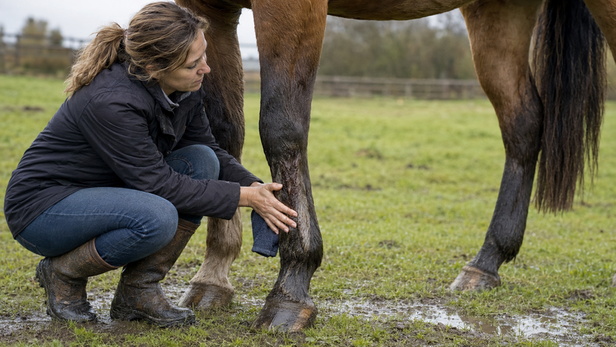 Horse owner checking a pastern after wet turnout