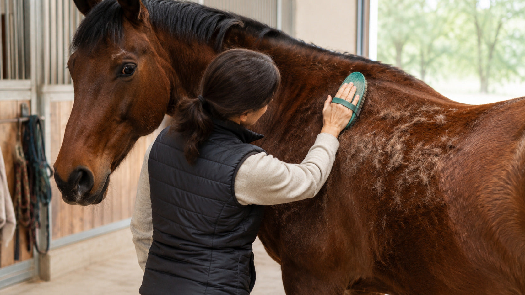 Horse owner using a soft grooming tool during spring coat change