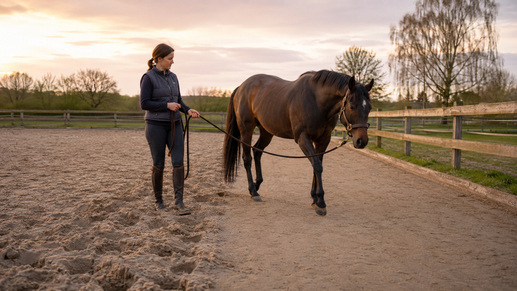 Owner observing a horse walking beside deep arena footing