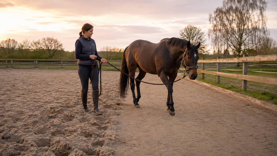 Owner observing a horse walking beside deep arena footing