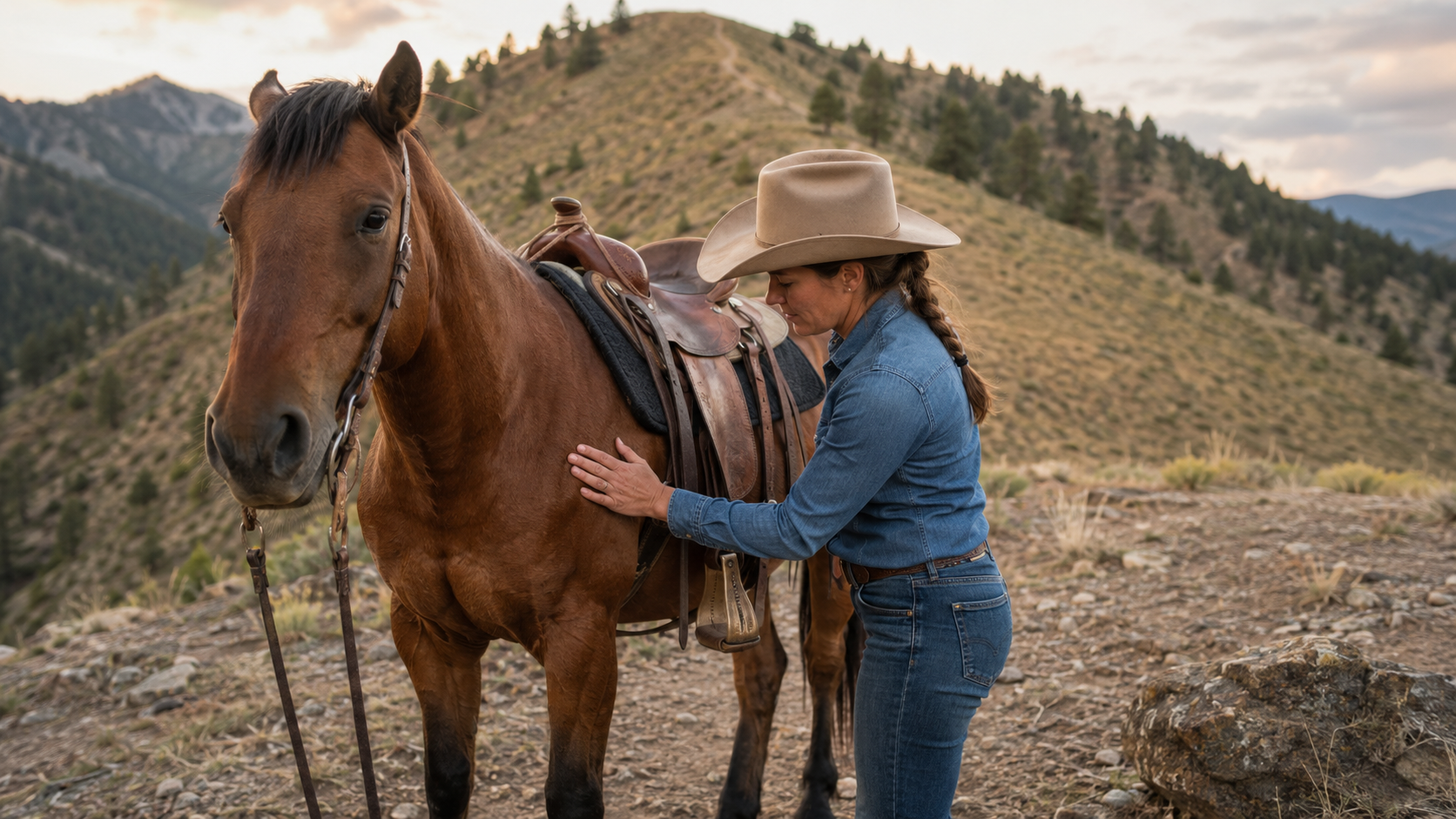 Rider checking a horse's shoulder after hill work