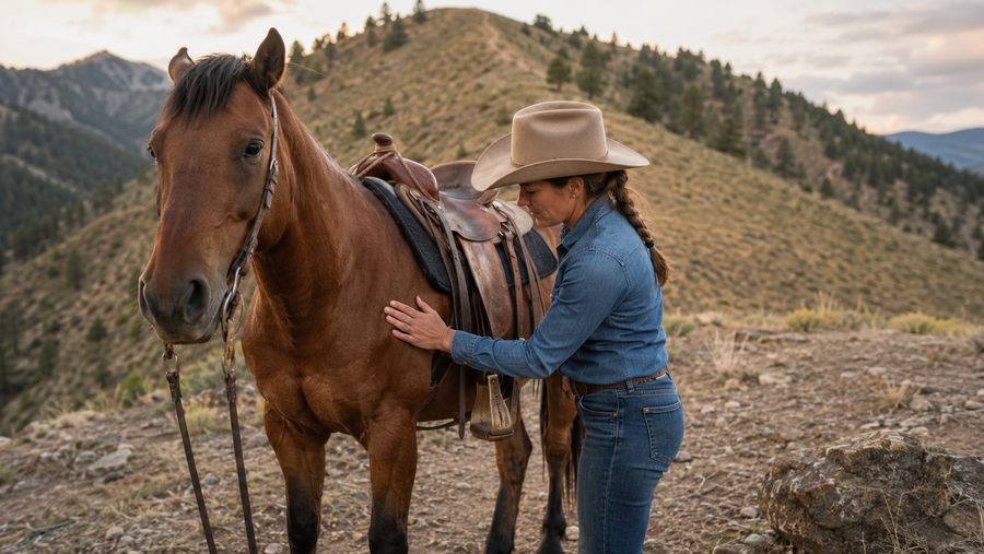 Rider checking a horse's shoulder after hill work