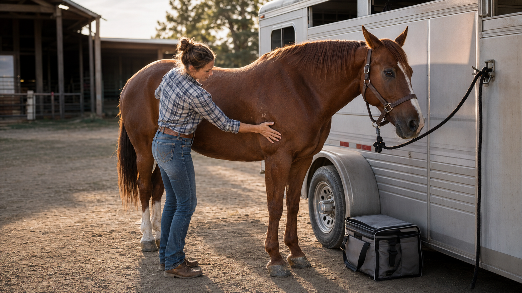 Horse owner checking the coat after hauling
