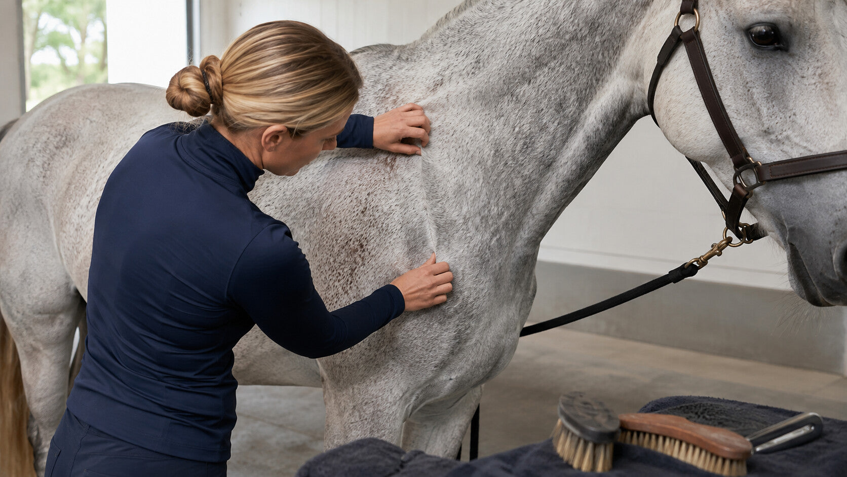 Groom inspecting a horse’s skin before show preparation