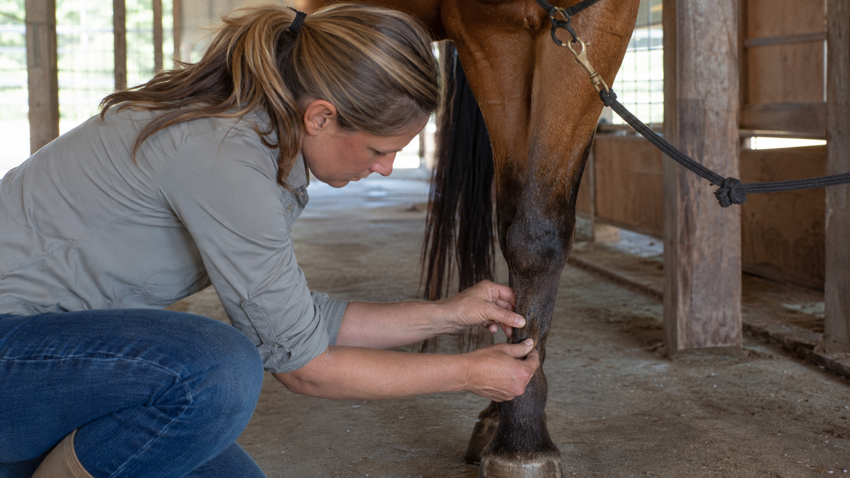 Horse owner checking a localized skin area low on the pastern