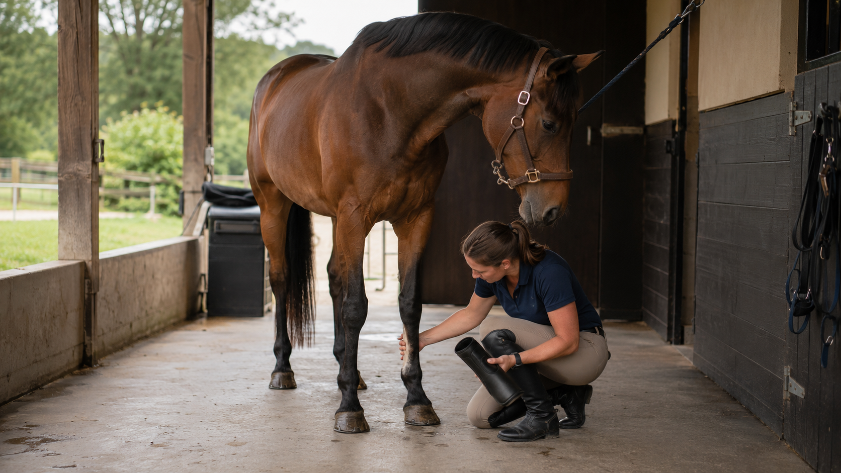 Horse owner inspecting the skin after removing a protective leg boot
