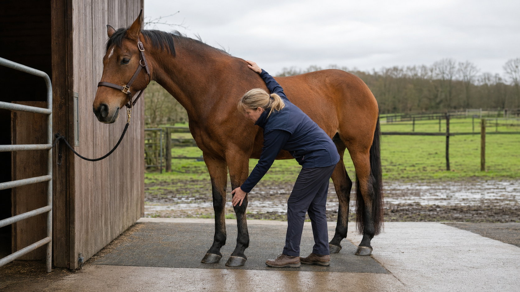 Horse owner checking a horse's legs and body after a pasture slip