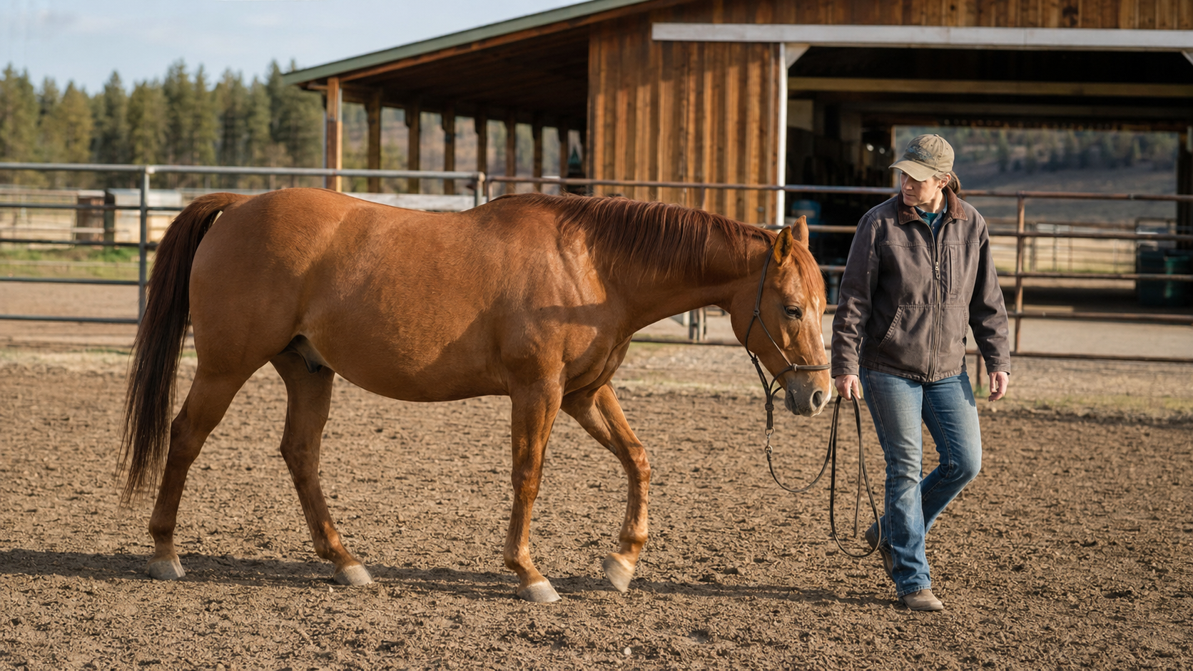 Rider leading a horse at the walk while carefully observing its stride.