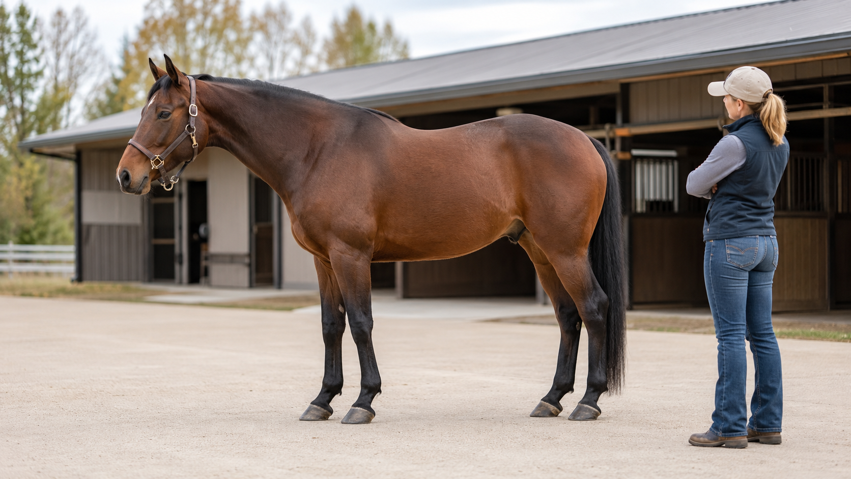 Horse owner observing a horse's standing posture on level barn footing