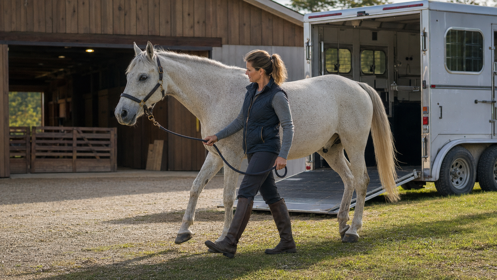 Owner hand-walking a horse after unloading from a long trailer ride