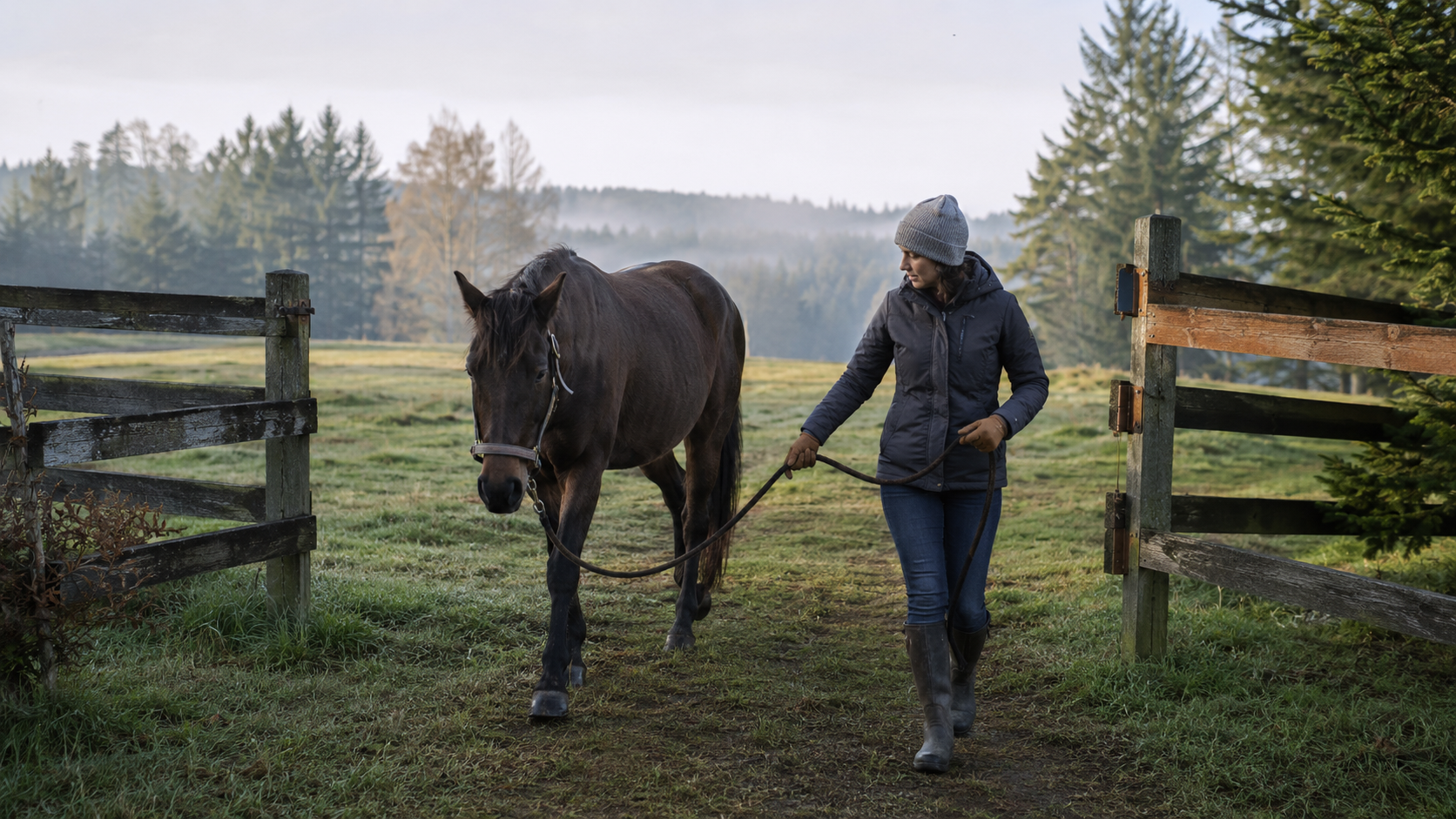 Horse owner observing the first steps after pasture turnout