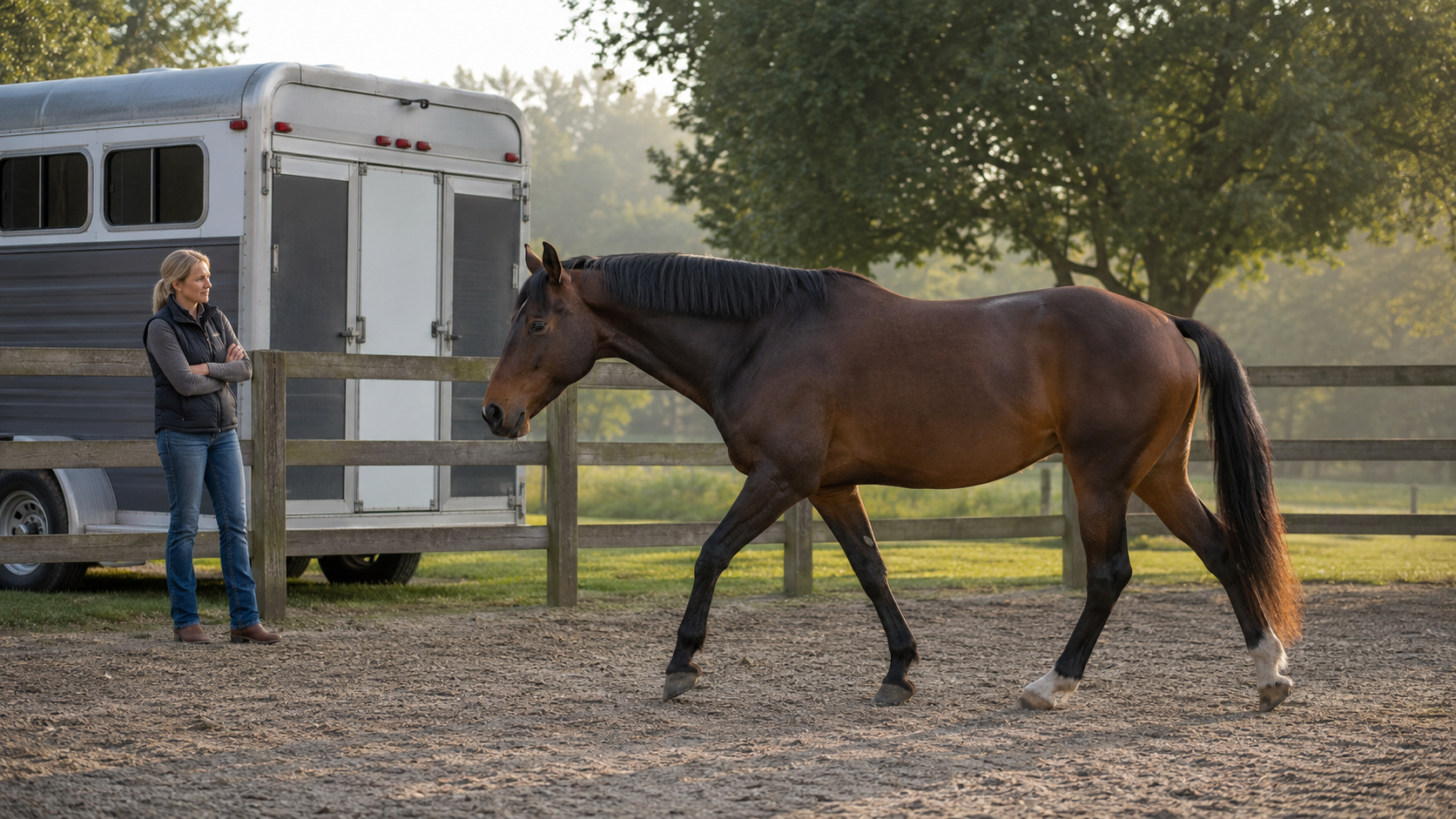 Owner observing a horse's hind stride after unloading from a trailer
