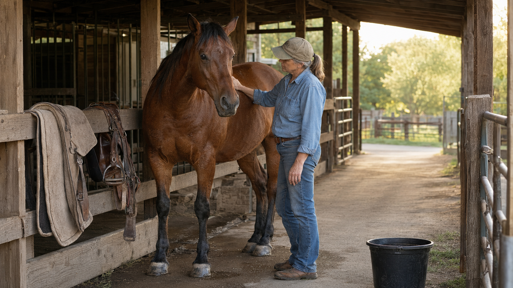 Rider monitoring a horse during a shaded cool-down after untacking