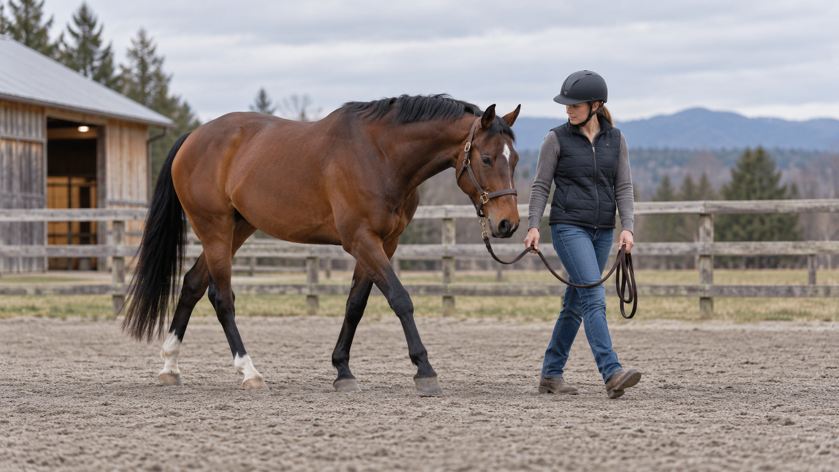 Rider leading a bay horse at the walk while observing each step