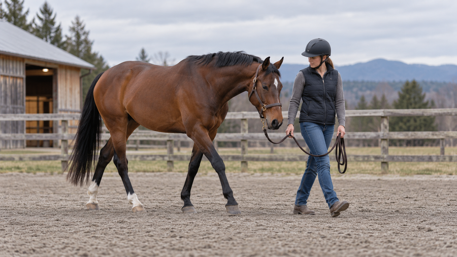 Rider leading a bay horse at the walk while observing each step