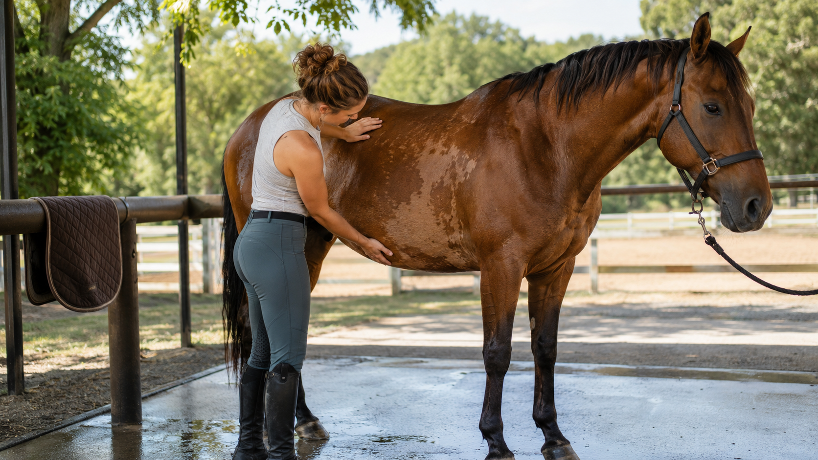 Rider checking sweat patterns after hot-weather work