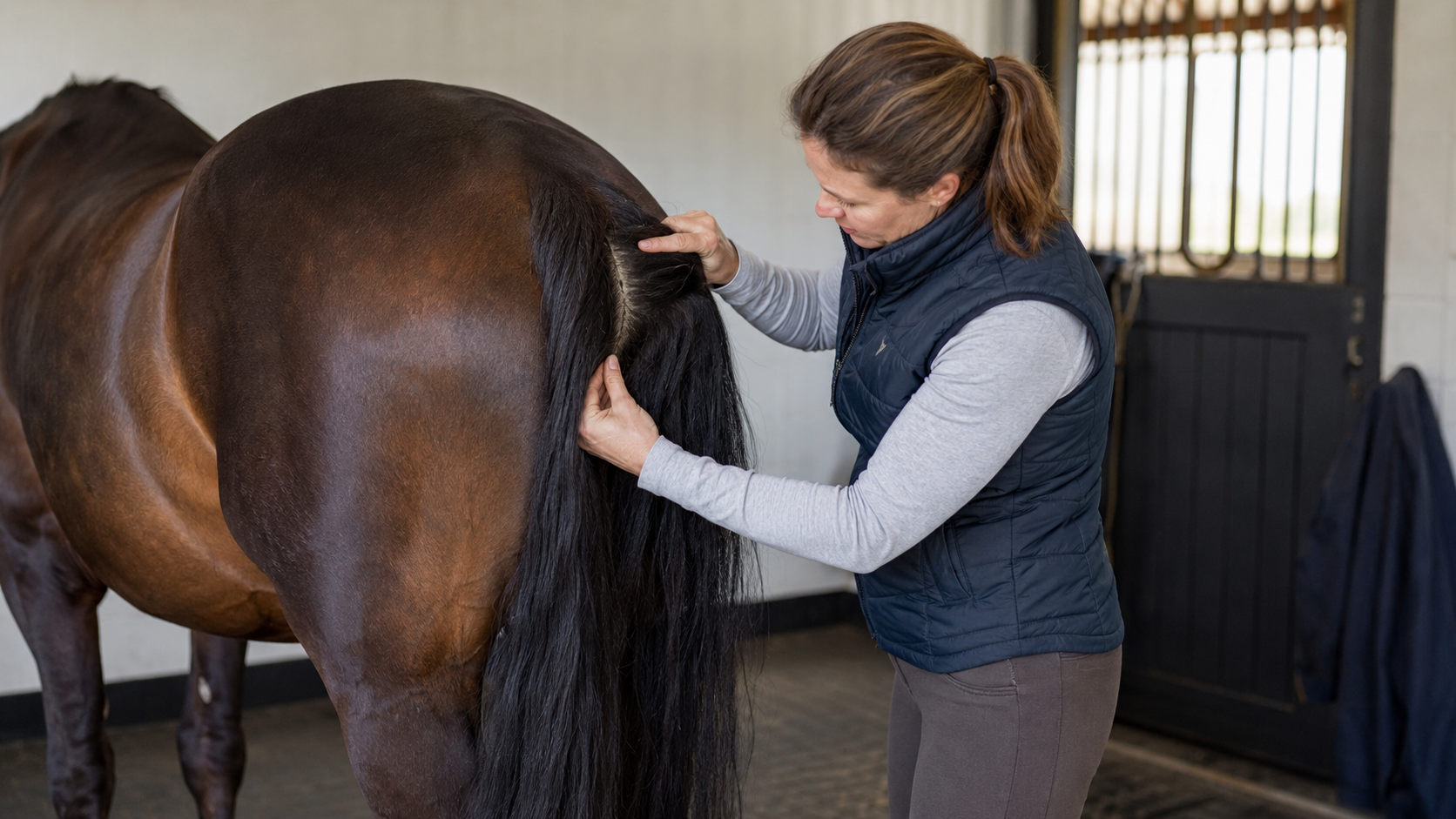 Horse owner checking the tail dock and surrounding skin during routine grooming