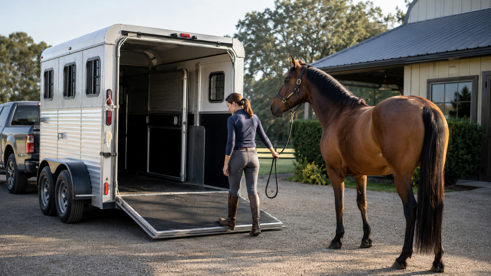 Handler completing a horse-trailer safety check before travel