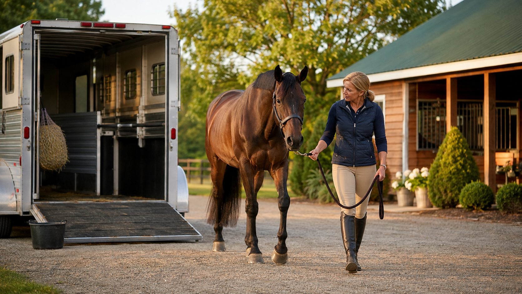 Handler calmly walking a horse after unloading from a trailer