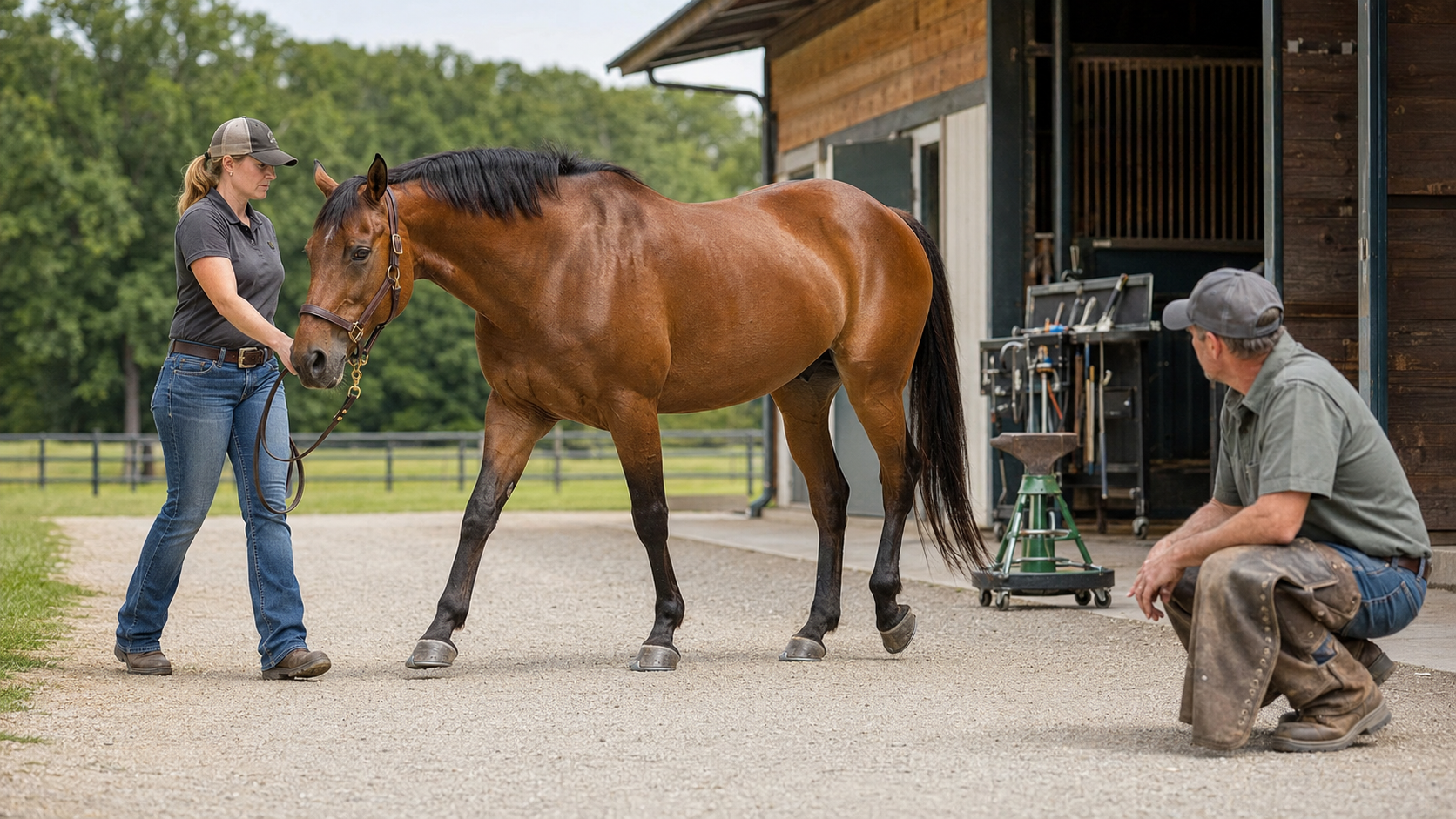 Owner hand-walking a newly shod horse while a farrier observes its stride