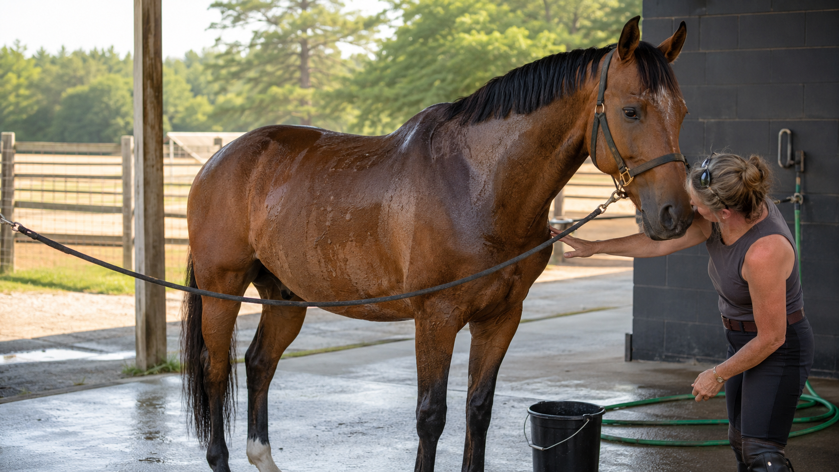 Owner checking sweat patterns on a horse after hot work