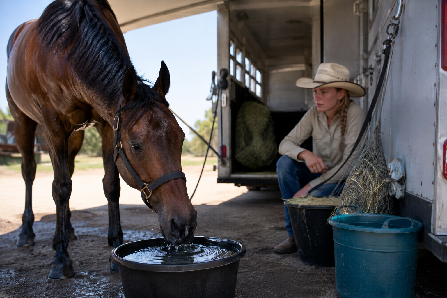 Horse drinking clean water beside a trailer during hot weather travel