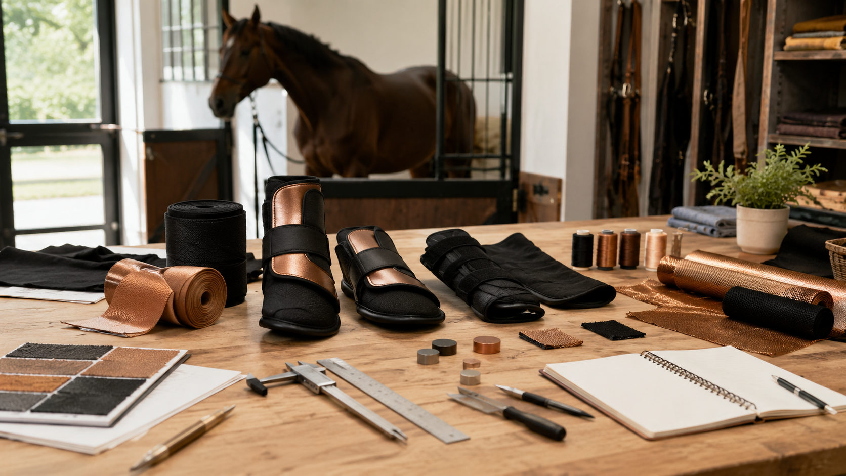 Unbranded horse wearable prototypes and copper-colored material samples on a product-development workbench