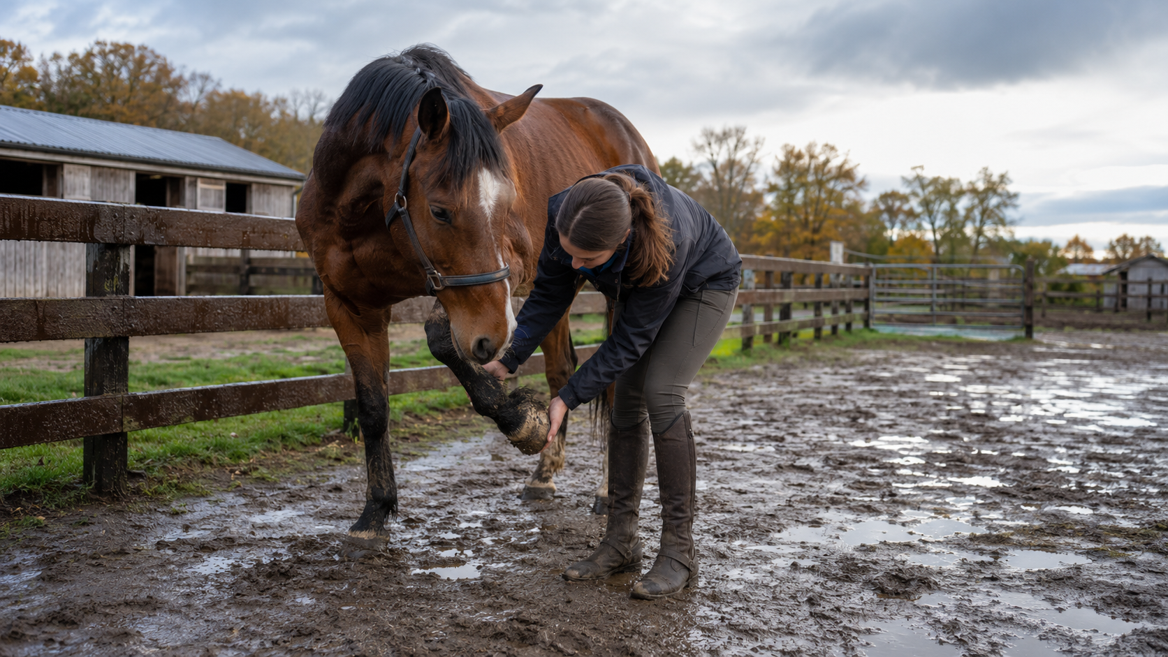 Horse owner checking a hoof and wet footing after rain