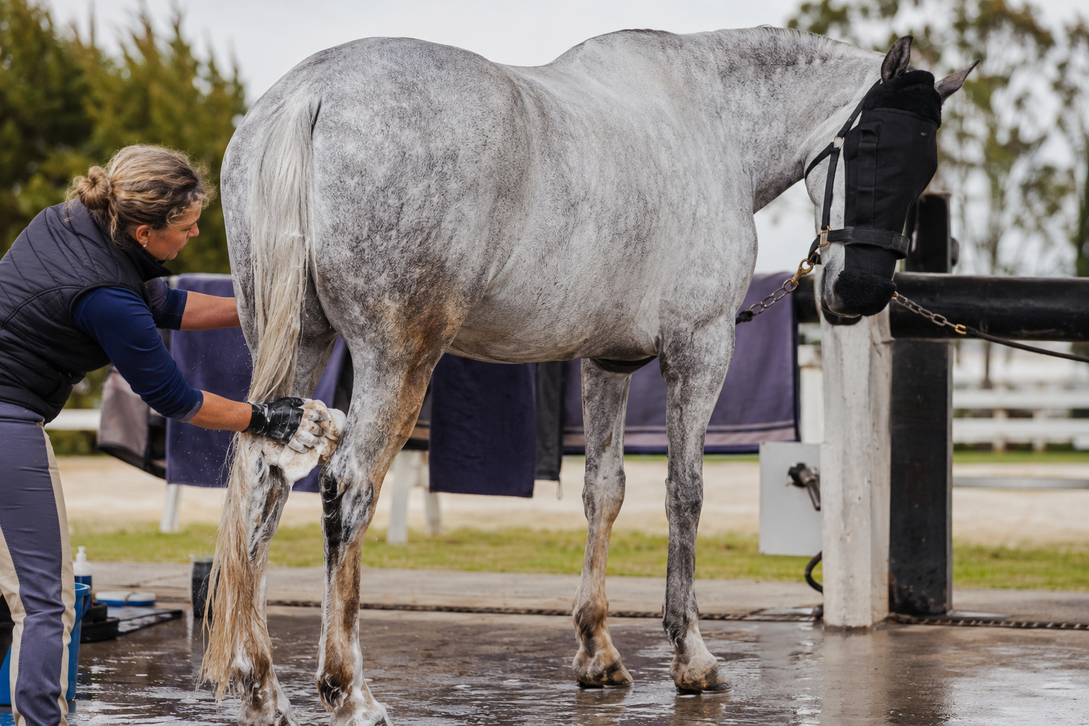 Gray horse receiving a careful pre-show bath at a wash rack
