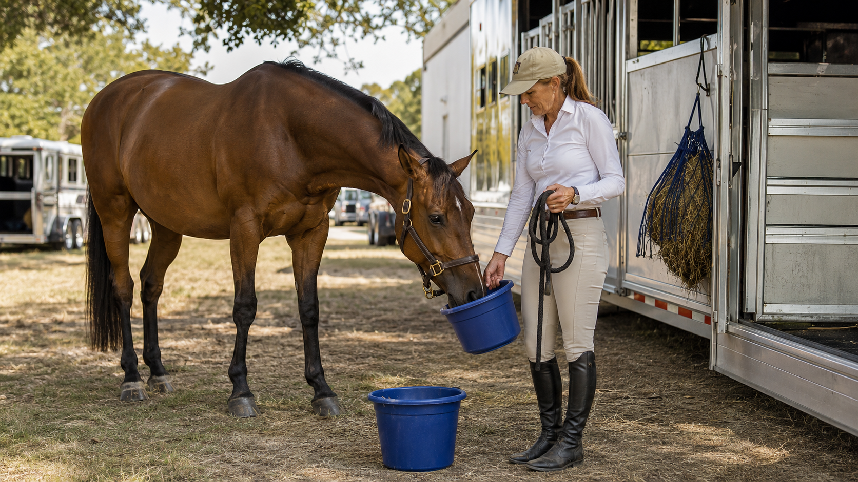 Horse owner offering a clean water bucket beside show stabling