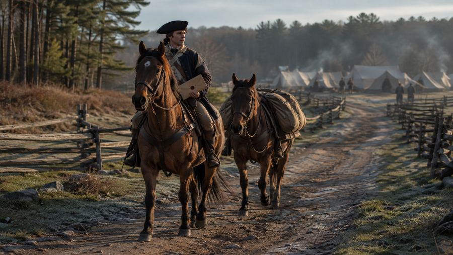 Revolutionary era mounted courier traveling with a pack horse
