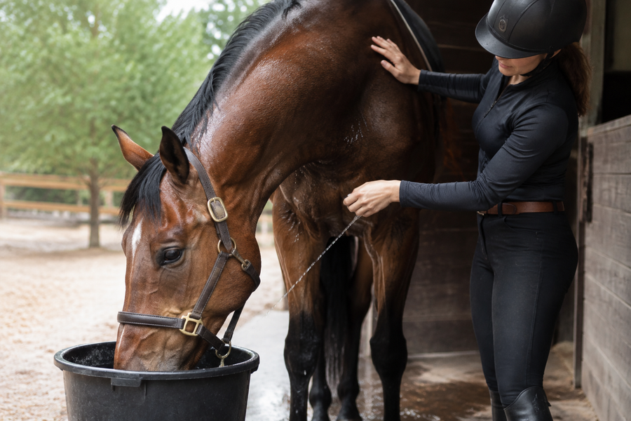 Hot horse drinking water during a sensible post-exercise cooling routine
