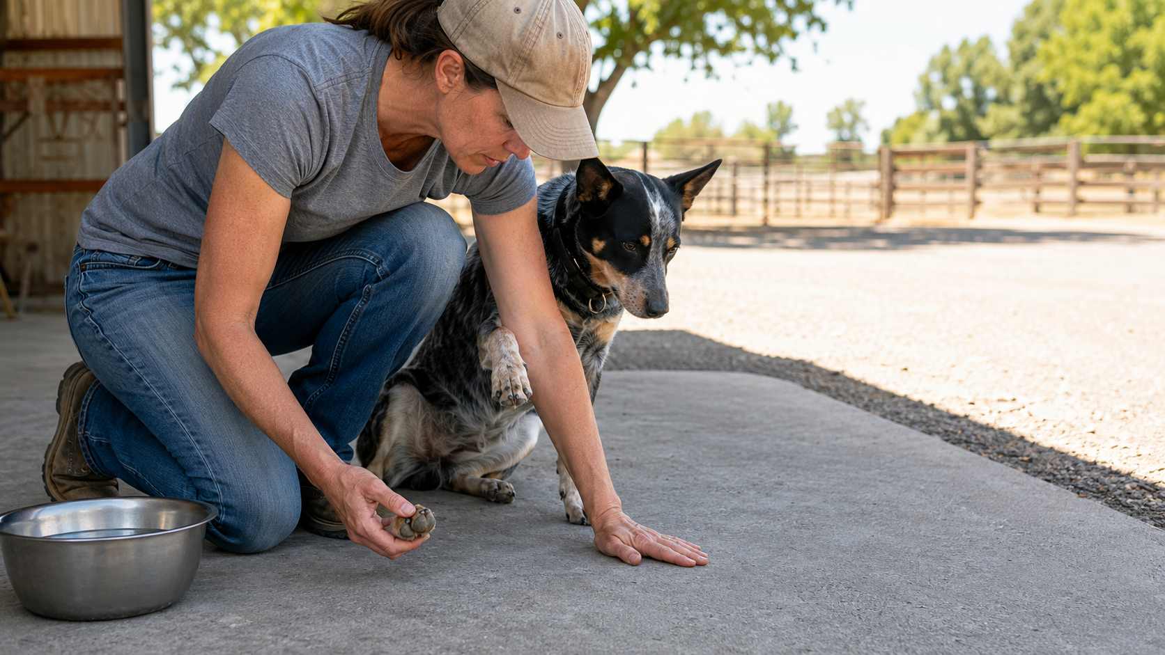 Owner checking a dog's paw and pavement temperature in the shade