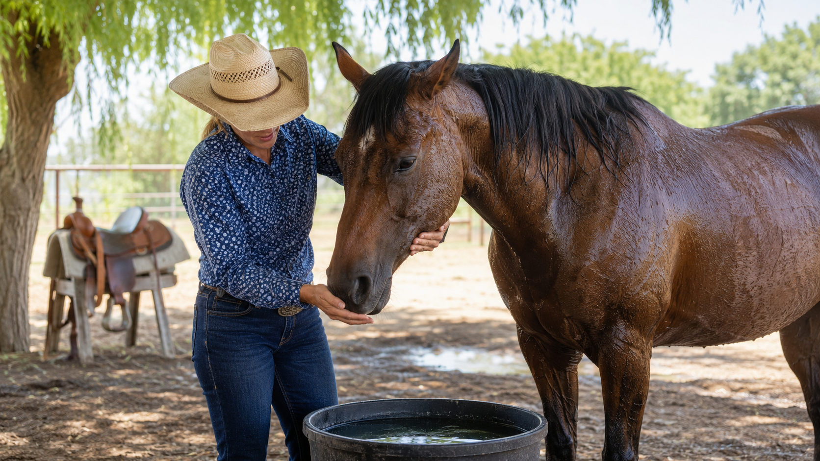 Rider checking a horse during a shaded hot-weather cool-down