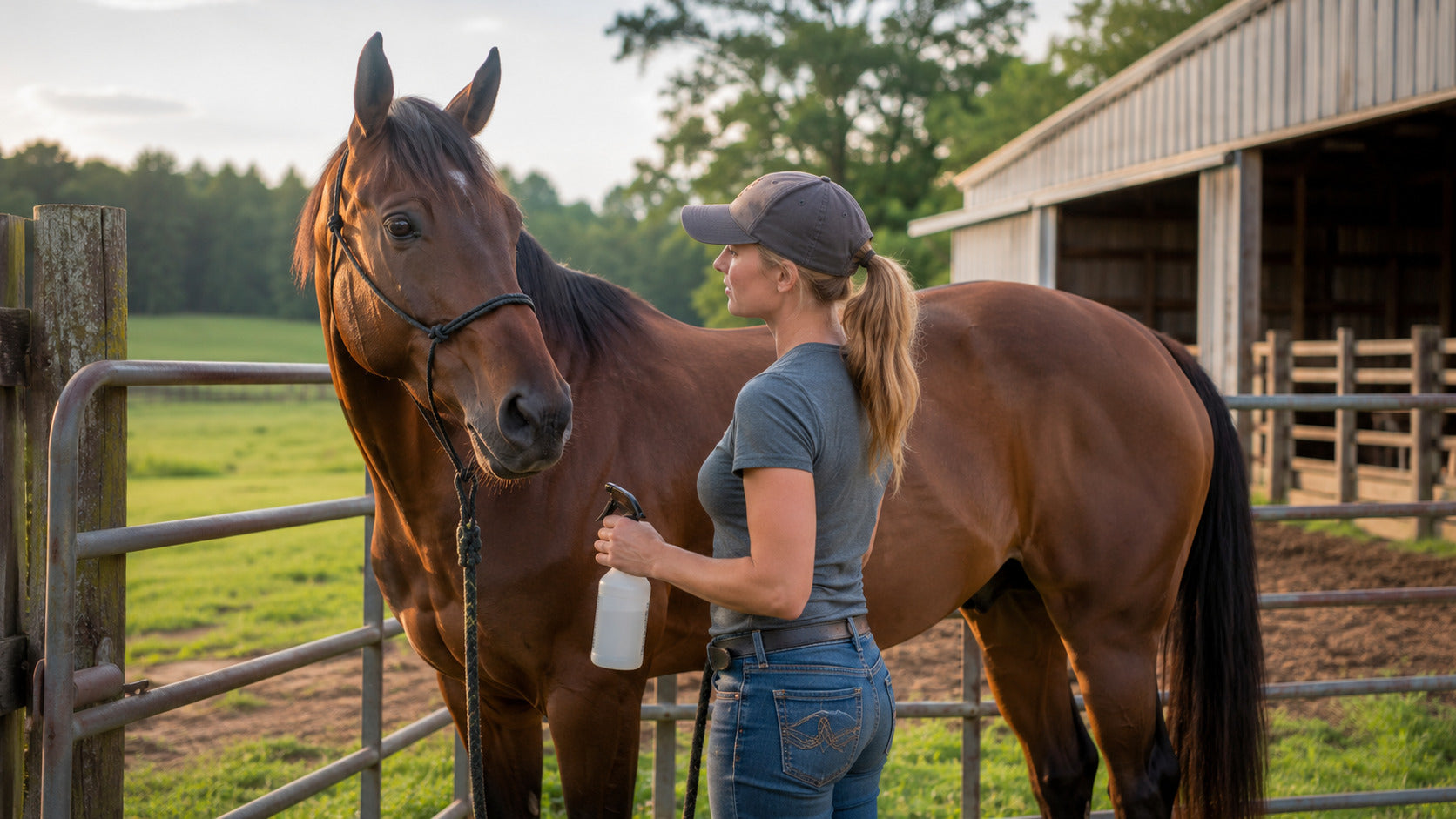Horse owner observing fly pressure before reapplying spray in a pasture